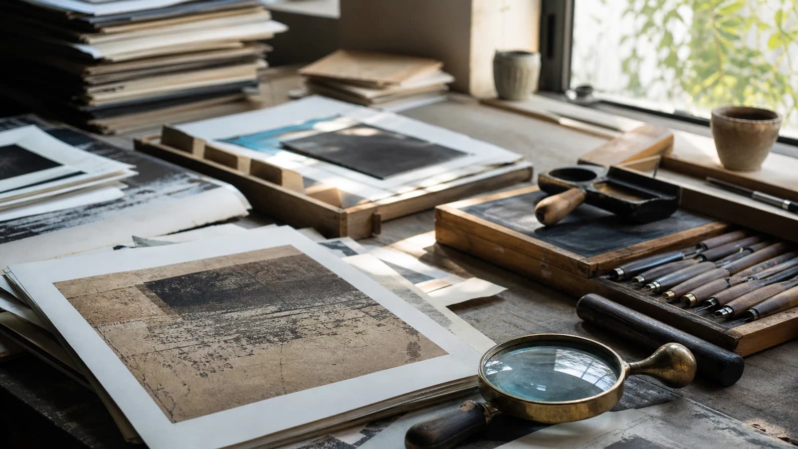 Printmaker’s studio table with original prints and tools in natural light.