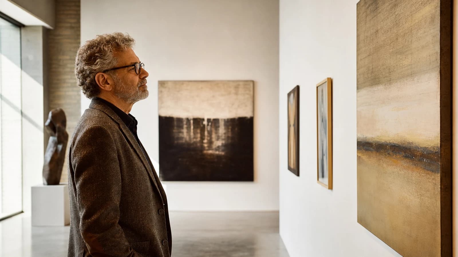 Art collector viewing paintings in a modern gallery with natural light.